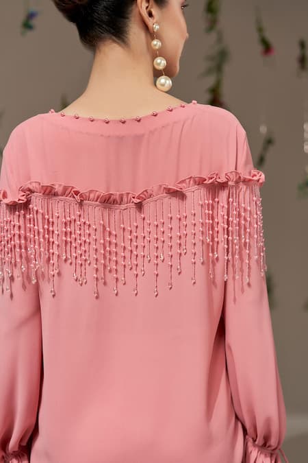 Rimple Agrawal Pink Pearl & Tassel Embroidered Top 