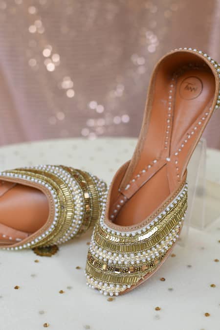 Moy_Gold Bead Embellished Juttis_Online_at_Aza_Fashions