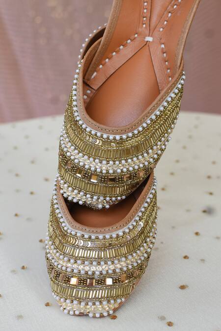 Moy_Gold Bead Embellished Juttis_at_Aza_Fashions