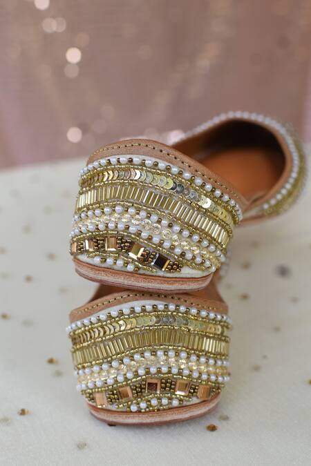 Shop_Moy_Gold Bead Embellished Juttis_at_Aza_Fashions