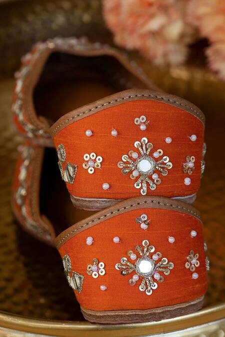 Moy_Orange Mirror Embroidered Juttis_Online_at_Aza_Fashions