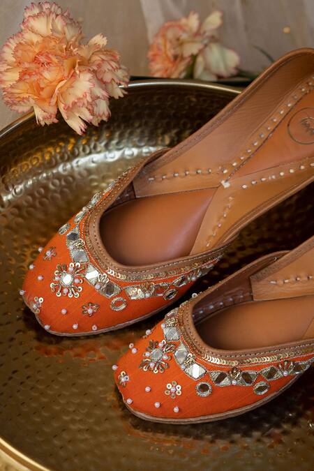 Shop_Moy_Orange Mirror Embroidered Juttis_at_Aza_Fashions