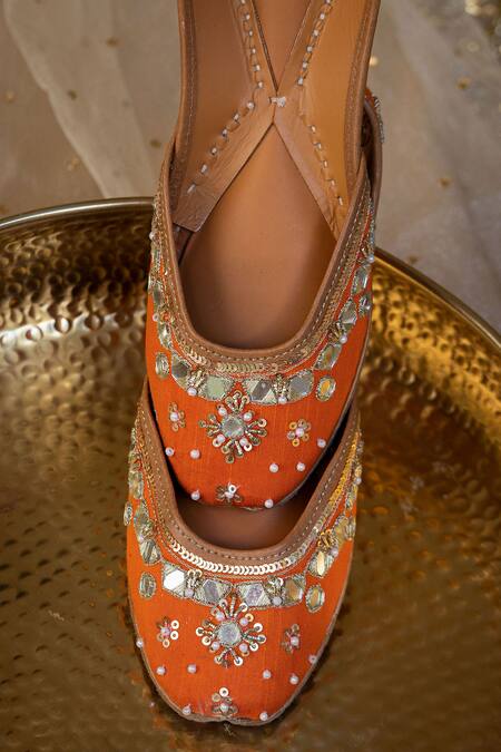 Buy_Moy_Orange Mirror Embroidered Juttis_Online_at_Aza_Fashions