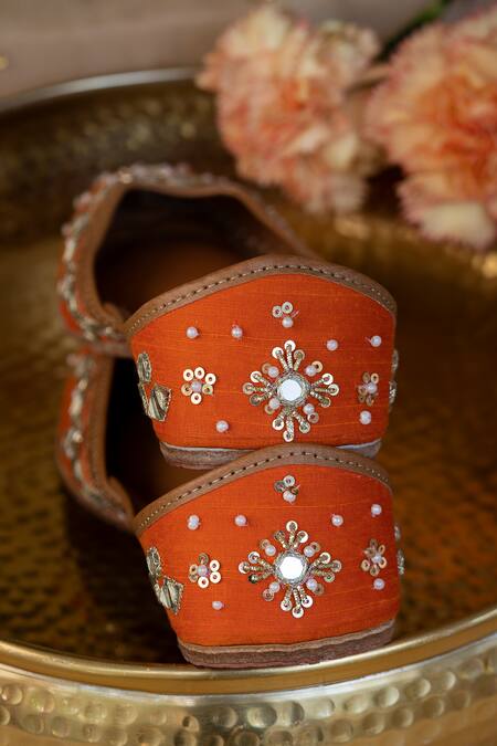 Shop_Moy_Orange Mirror Embroidered Juttis_Online_at_Aza_Fashions