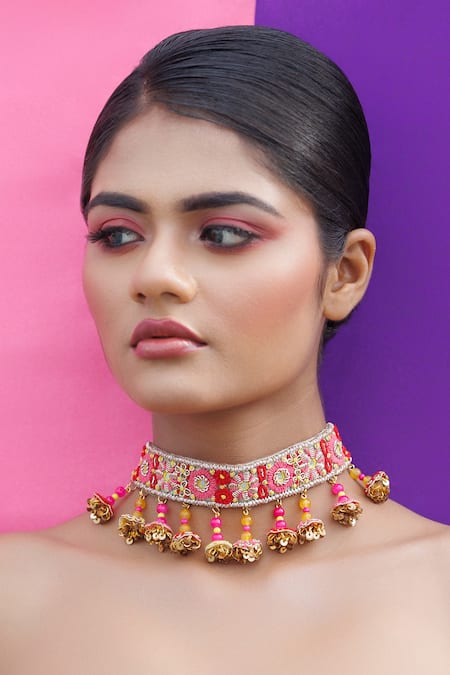 Shop Kanyaadhan By Dhirajaayushi Multi Color Embroidery Bloom Choker And Earrings Set at Aza Fashions Shop_Kanyaadhan By Dhirajaayushi_Multi Color Embroidery Bloom Choker And Earrings Set _at_Aza_Fashions