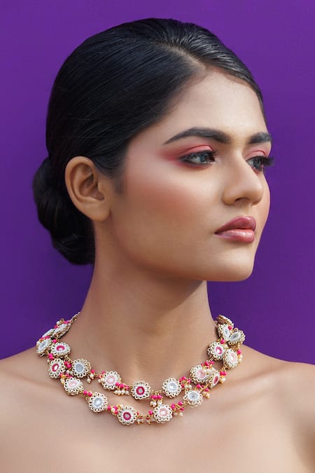 Shop Kanyaadhan By Dhirajaayushi Multi Color Diamonds, Tassels, Pearls Bloom Vine Necklace Set at Aza Fashions Shop_Kanyaadhan By Dhirajaayushi_Multi Color Diamonds, Tassels, Pearls Bloom Vine Necklace Set _at_Aza_Fashions