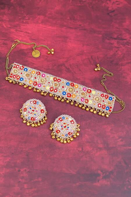 Shop Kanyaadhan By Dhirajaayushi Multi Color Embroidery Blossom Choker Necklace Set Online at Aza Fashions Shop_Kanyaadhan By Dhirajaayushi_Multi Color Embroidery Blossom Choker Necklace Set _Online_at_Aza_Fashions