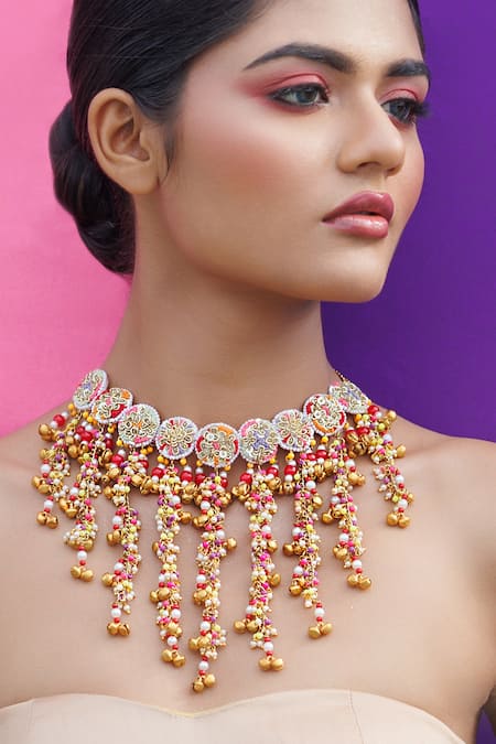 Shop Kanyaadhan By Dhirajaayushi Multi Color Embroidery, Diamonds, Tassels Bloom Ghungroo Necklace Set at Aza Fashions Shop_Kanyaadhan By Dhirajaayushi_Multi Color Embroidery, Diamonds, Tassels Bloom Ghungroo Necklace Set _at_Aza_Fashions