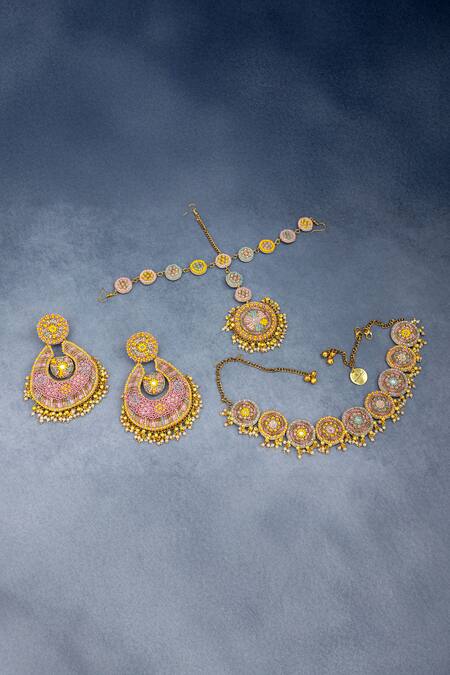 Kanyaadhan By Dhirajaayushi_Multi Color Diamonds, Embroidery Floral Choker Necklace Set _Online_at_Aza_Fashions