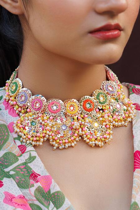 Shop_Kanyaadhan By Dhirajaayushi_Multi Color Diamonds, Embroidery, Stones Floral Choker Necklace Set _Online_at_Aza_Fashions