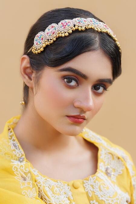 Kanyaadhan By Dhirajaayushi Multi Color Floral Resham Ghungroo Mathapatti Online at Aza Fashions Kanyaadhan By Dhirajaayushi_Multi Color Floral Resham Ghungroo Mathapatti _Online_at_Aza_Fashions