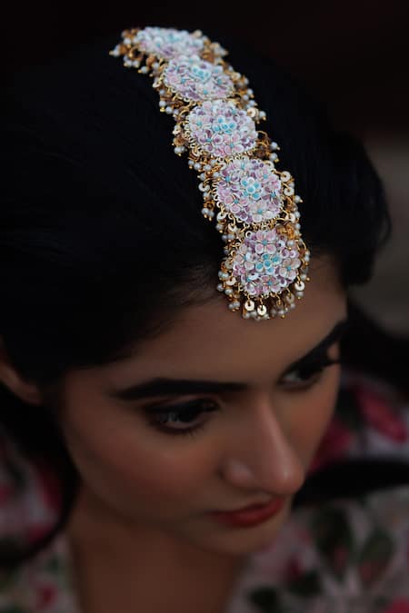 Kanyaadhan By Dhirajaayushi_Multi Color Diamonds, Embroidery Maangtikka And Earring Set _Online_at_Aza_Fashions