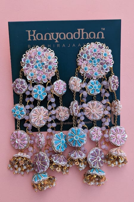 Kanyaadhan By Dhirajaayushi_Multi Color Diamonds, Embroidery Maangtikka And Earring Set _at_Aza_Fashions