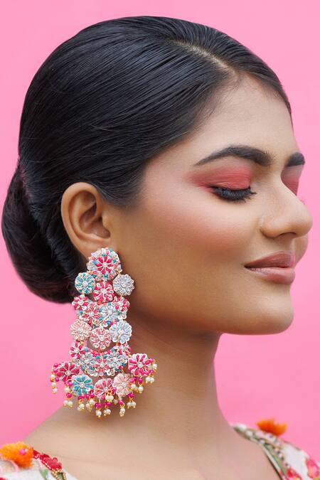 Buy_Kanyaadhan By Dhirajaayushi_Multi Color Diamonds, Embroidery Earrings And Mangtikka Set _Online_at_Aza_Fashions