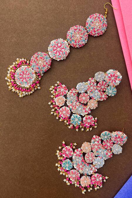 Shop_Kanyaadhan By Dhirajaayushi_Multi Color Diamonds, Embroidery Earrings And Mangtikka Set _Online_at_Aza_Fashions