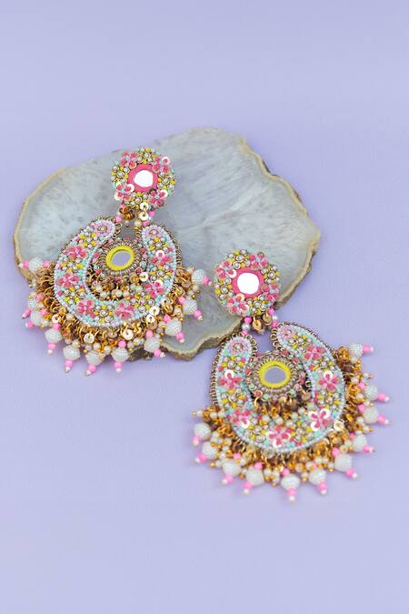 Kanyaadhan By Dhirajaayushi_Multi Color Diamonds, Embroidery Floral Earrings And Mangtikka Set _Online_at_Aza_Fashions