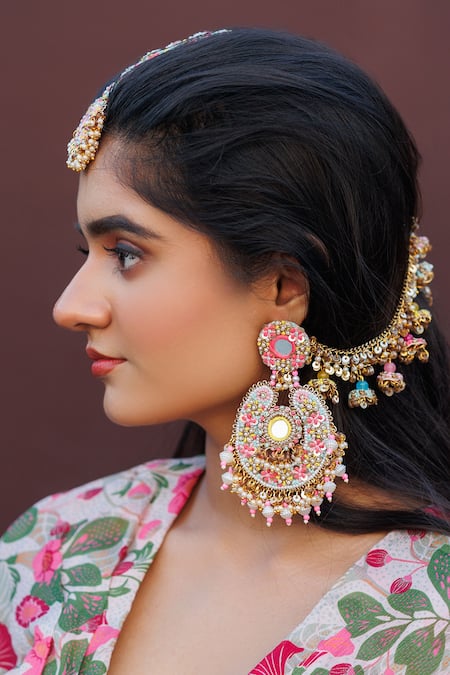 Shop Kanyaadhan By Dhirajaayushi Multi Color Diamonds, Embroidery Floral Jewellery Set Shop_Kanyaadhan By Dhirajaayushi_Multi Color Diamonds, Embroidery Floral Jewellery Set