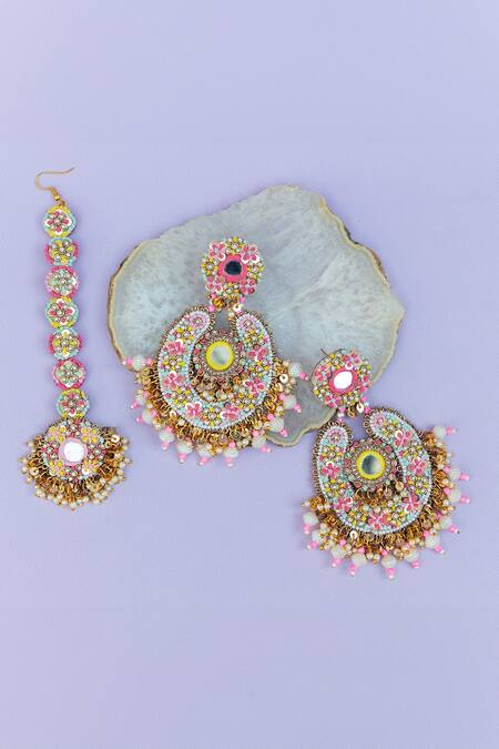 Shop Kanyaadhan By Dhirajaayushi Multi Color Diamonds, Embroidery Floral Jewellery Set at Aza Fashions Shop_Kanyaadhan By Dhirajaayushi_Multi Color Diamonds, Embroidery Floral Jewellery Set _at_Aza_Fashions