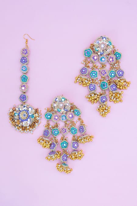 Shop Kanyaadhan By Dhirajaayushi Multi Color Diamonds, Tassels, Zari Floral Embroidered Jewellery Set at Aza Fashions Shop_Kanyaadhan By Dhirajaayushi_Multi Color Diamonds, Tassels, Zari Floral Embroidered Jewellery Set _at_Aza_Fashions