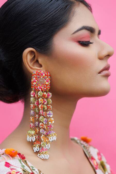 Kanyaadhan By Dhirajaayushi_Multi Color Floral Embroidered Earring And Mangtikka Set _Online_at_Aza_Fashions