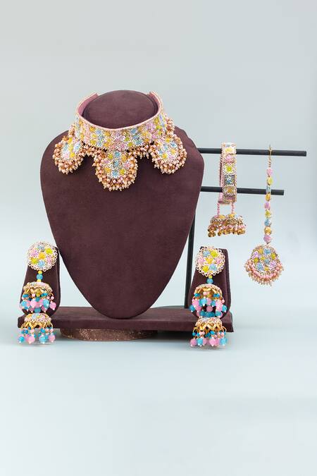 Buy Kanyaadhan By Dhirajaayushi Multi Color Embroidery, Diamonds Floral Jewellery Set Online at Aza Fashions Buy_Kanyaadhan By Dhirajaayushi_Multi Color Embroidery, Diamonds Floral Jewellery Set _Online_at_Aza_Fashions