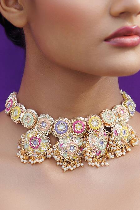 Kanyaadhan By Dhirajaayushi_Multi Color Embroidery Floral Choker Set _Online_at_Aza_Fashions