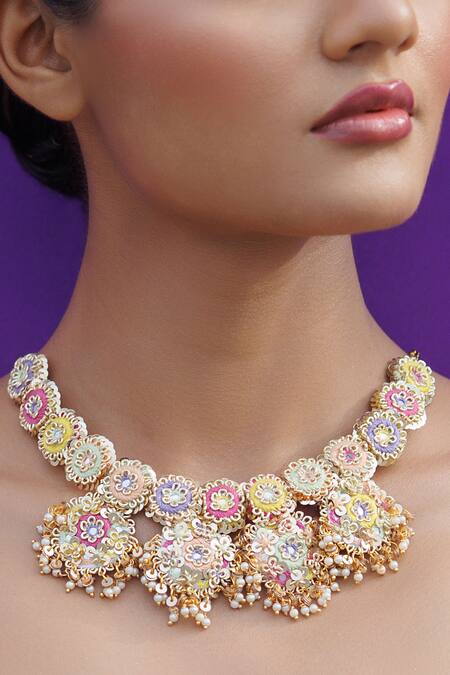 Buy_Kanyaadhan By Dhirajaayushi_Multi Color Embroidery Floral Choker Set _Online_at_Aza_Fashions