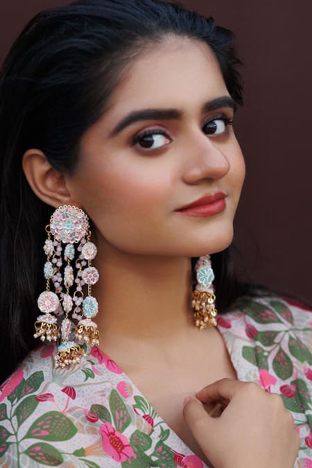 Kanyaadhan By Dhirajaayushi_Multi Color Diamonds, Embroidery Multicolor Dabka Long Earrings _Online_at_Aza_Fashions