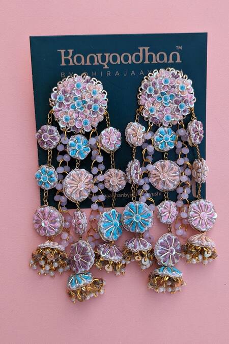 Buy_Kanyaadhan By Dhirajaayushi_Multi Color Diamonds, Embroidery Multicolor Dabka Long Earrings _Online_at_Aza_Fashions