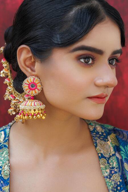 Kanyaadhan By Dhirajaayushi_Multi Color Mirror Embroidered Gold Toned Jhumkas _Online_at_Aza_Fashions