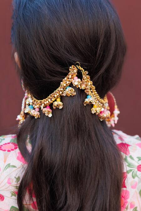 Kanyaadhan By Dhirajaayushi_Multi Color Beads, Diamonds Mirror Embroidered Gold Toned Chandbali Earrings _Online_at_Aza_Fashions