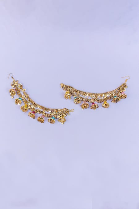 Kanyaadhan By Dhirajaayushi Mirror Embroidered Gold Toned Chandbali Earrings 