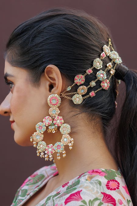 Kanyaadhan By Dhirajaayushi_Multi Color Beads, Diamonds, Zari Gold Toned Multicolor Embroidered Chandbalis _Online_at_Aza_Fashions