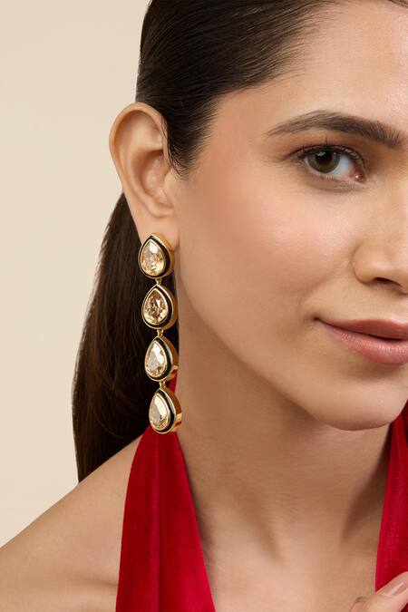 Shop_Isharya_Gold Plated Crystals Drop Earrings_Online_at_Aza_Fashions