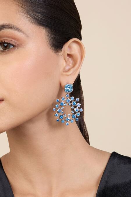 Shop_Isharya_Blue Crystals Cosmic Flair Drop Earrings_Online_at_Aza_Fashions