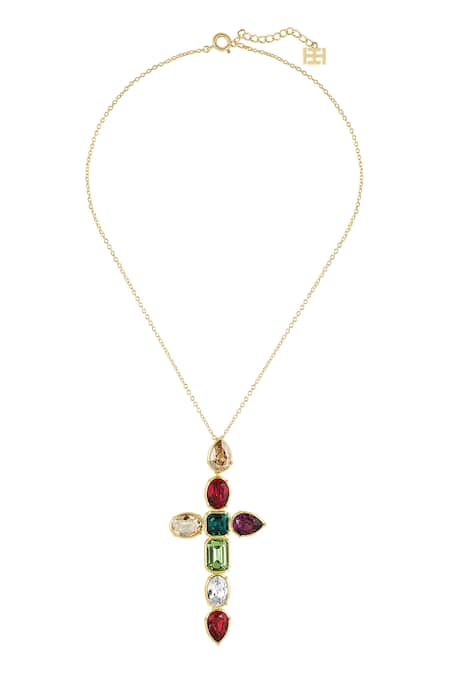 Shop Isharya Multi Color Crystal Cross Necklace at Aza Fashions Shop_Isharya_Multi Color Crystal Cross Necklace _at_Aza_Fashions