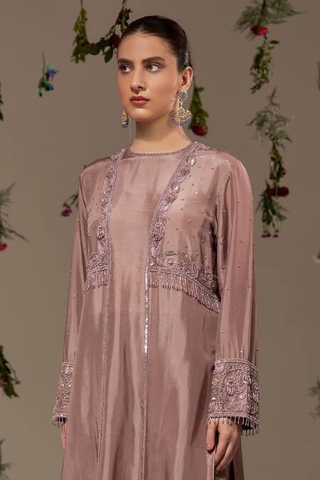 Buy_Rimple Agrawal_Pink Silk Beads, Sequins, Cut Work Round Neck Embroidered Kurta And Salwar Set _Online_at_Aza_Fashions