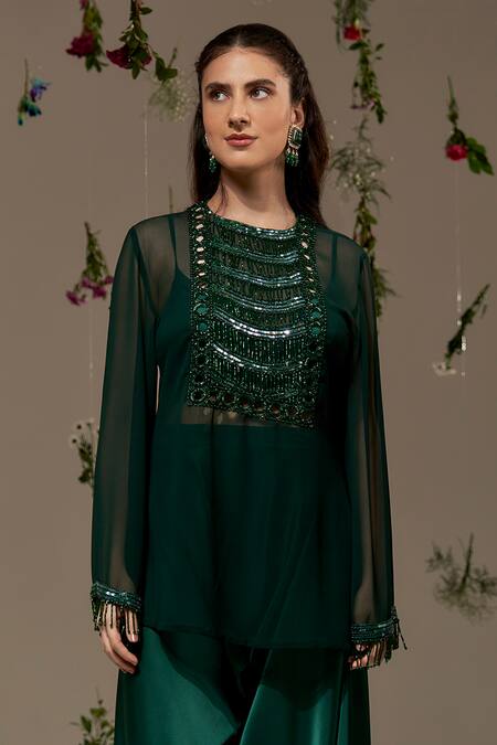 Rimple Agrawal_Green Georgette, Silk Cut Work, Sequins Cutdana Embroidered Tunic Pant Set _Online_at_Aza_Fashions