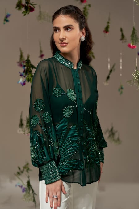 Rimple Agrawal Green Sheer Embroidered Shirt & Inner Bustier 