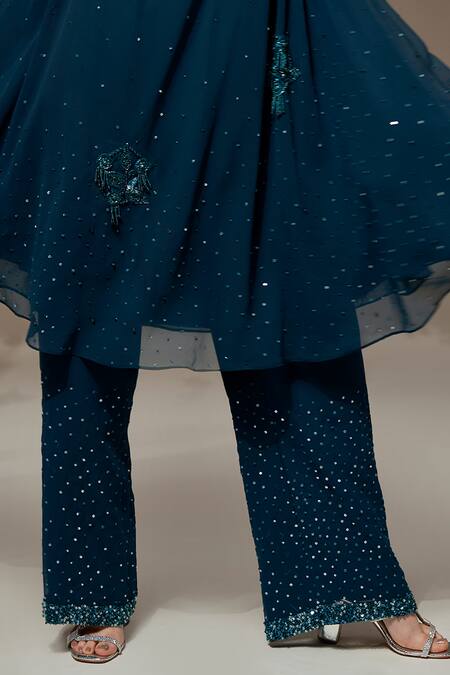 Rimple Agrawal_Blue Silk Sequins, Beads Round Neck Embroidered Swing Tunic And Palazzo Set _Online_at_Aza_Fashions