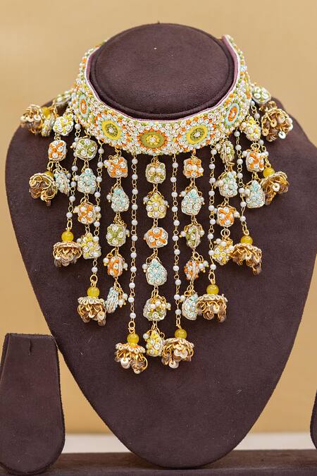 Kanyaadhan By Dhirajaayushi_Multi Color Embroidery, Stones Blossom Choker Necklace Set _Online_at_Aza_Fashions