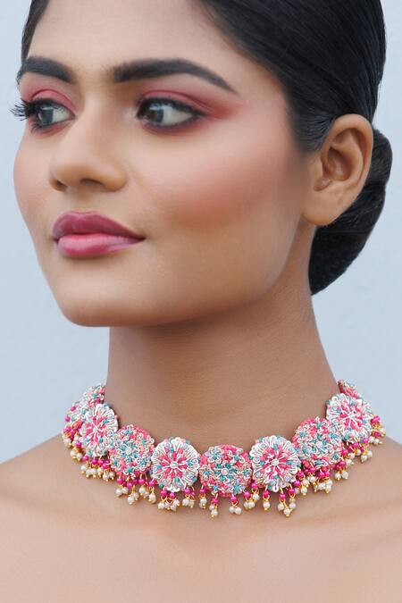 Shop Kanyaadhan By Dhirajaayushi Multi Color Diamonds, Embroidery Floral Jewellery Set Online at Aza Fashions Shop_Kanyaadhan By Dhirajaayushi_Multi Color Diamonds, Embroidery Floral Jewellery Set _Online_at_Aza_Fashions