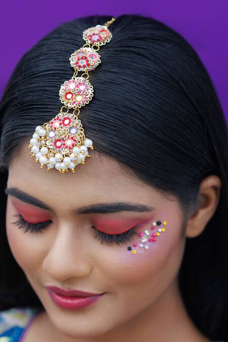 Kanyaadhan By Dhirajaayushi_Multi Color Mirrors, Beads Half Crescent Pendant Necklace Set _Online_at_Aza_Fashions