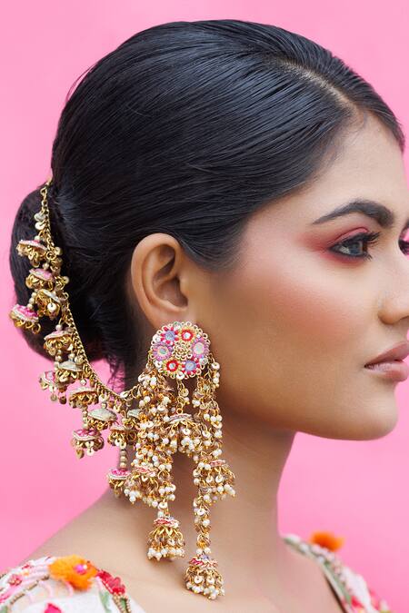 Shop_Kanyaadhan By Dhirajaayushi_Multi Color Mirrors, Beads Half Crescent Pendant Necklace Set _Online_at_Aza_Fashions