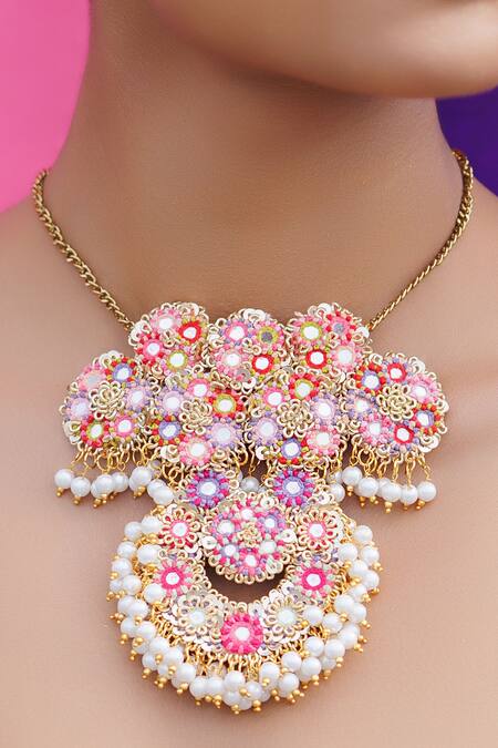 Kanyaadhan By Dhirajaayushi_Multi Color Mirrors, Beads Half Crescent Pendant Necklace Set _at_Aza_Fashions