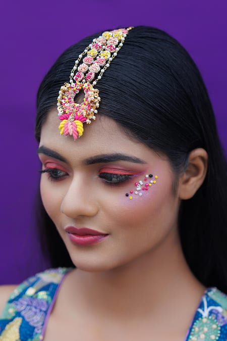 Kanyaadhan By Dhirajaayushi_Multi Color Beads, Diamonds Lotus Cutwork Choker Set With Earrings And Maangtikka _Online_at_Aza_Fashions