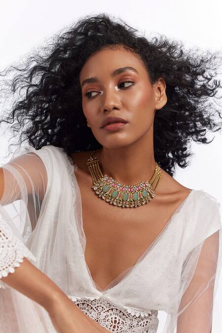 Shop Aulerth Green Gulmohar Springtime Choker Necklace Online at Aza Fashions Shop_Aulerth_Green Gulmohar Springtime Choker Necklace _Online_at_Aza_Fashions