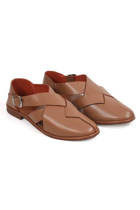 Irasoles_Brown Tan Cross Patta Peshawari Sandals_Online_at_Aza_Fashions