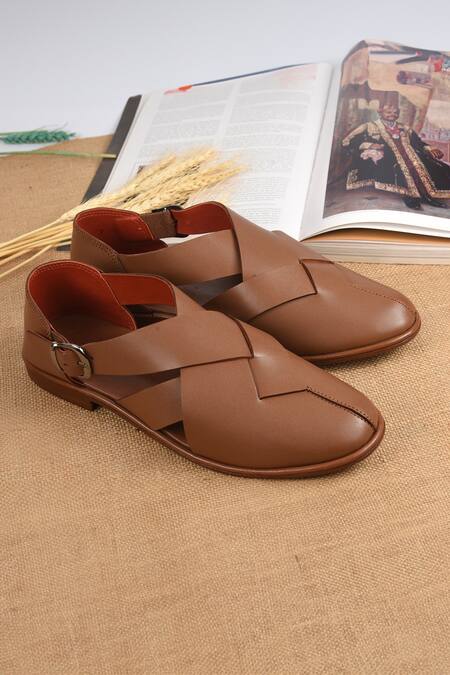 Shop_Irasoles_Brown Tan Cross Patta Peshawari Sandals_Online_at_Aza_Fashions
