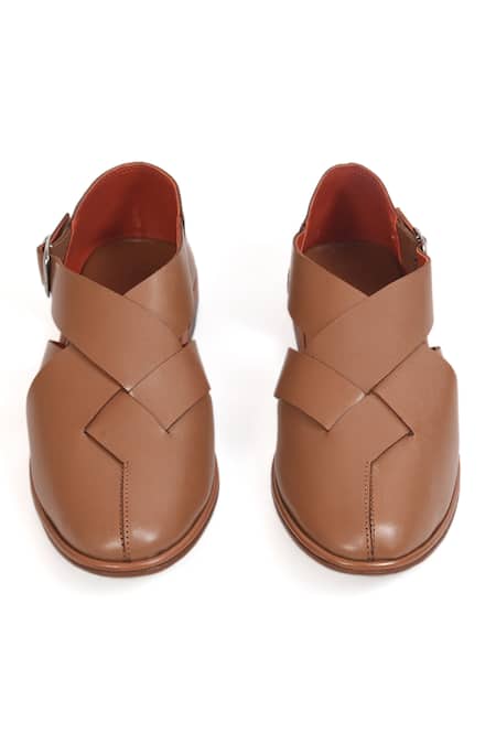 Irasoles_Brown Tan Cross Patta Peshawari Sandals_at_Aza_Fashions